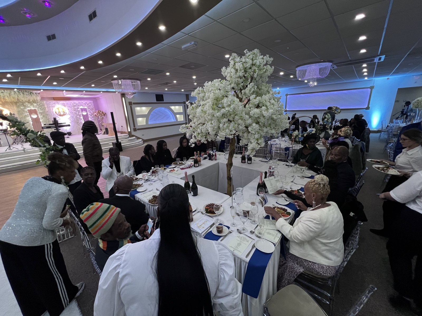 Guests seated in a wedding reception room with decorative lighting
